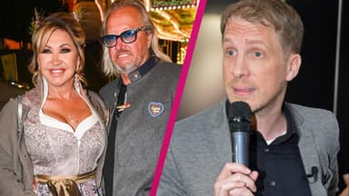 Carmen und Robert Geiss lächeln, Oliver Pocher mit Mikrofon guckt ernst