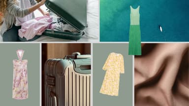 Collage mit verschiedenen Kleidern und Koffern.