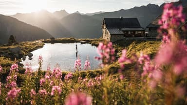 Ein Haus am See mit Gebirge im Hintergrund, rosanen Blüten im Vordergrund und Sonnenstrahlen.