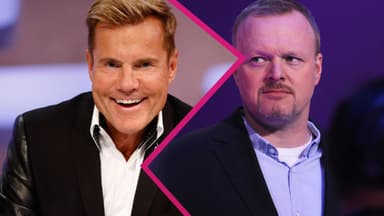 Dieter Bohlen lacht hämisch, Stefan Raab guckt ernst zur Seite