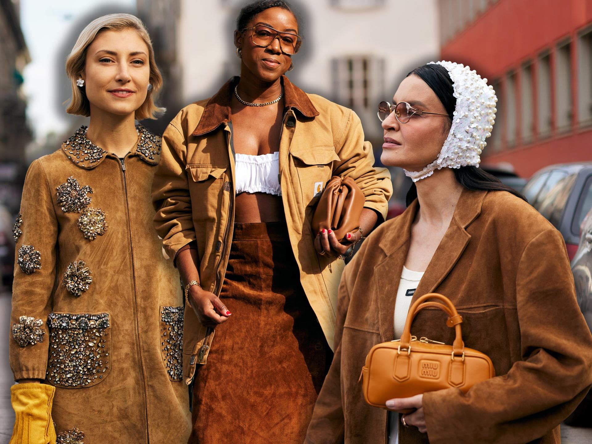 Suede Braun ist der eleganteste Mode-Trend für den Frühling 2025 Drei Frauen in Suede Braun