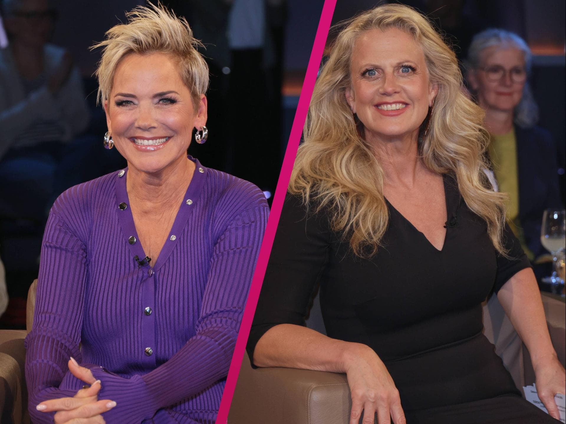 Inka Bause in lila und Barabara Schöneberger in schwarz auf Sesseln