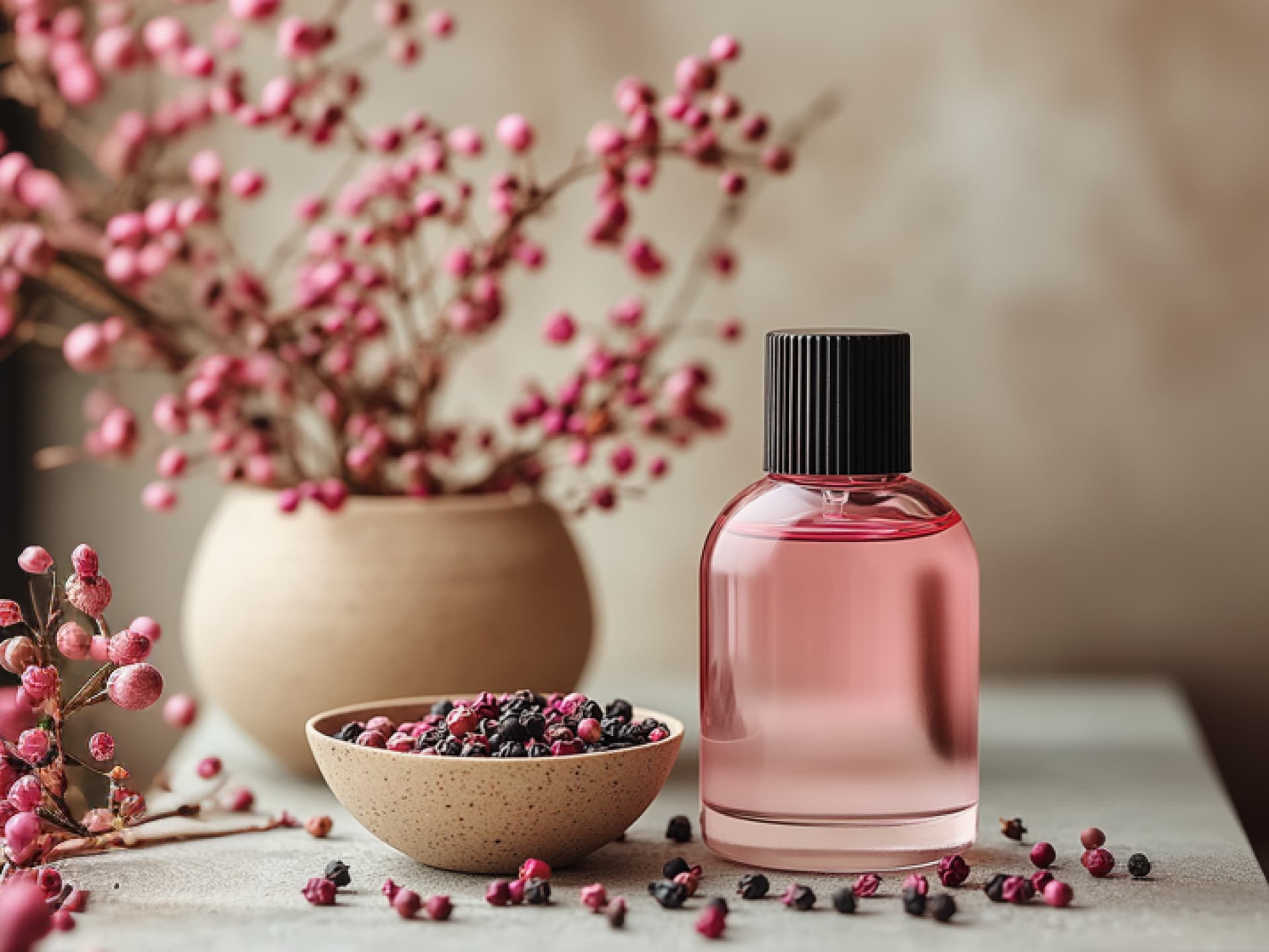 Parfums mit Pfeffer verleihen eine besondere Würze. Ein Parfum Flakon auf einem Tisch mit schwarzem und pinkem Pfeffer daneben.