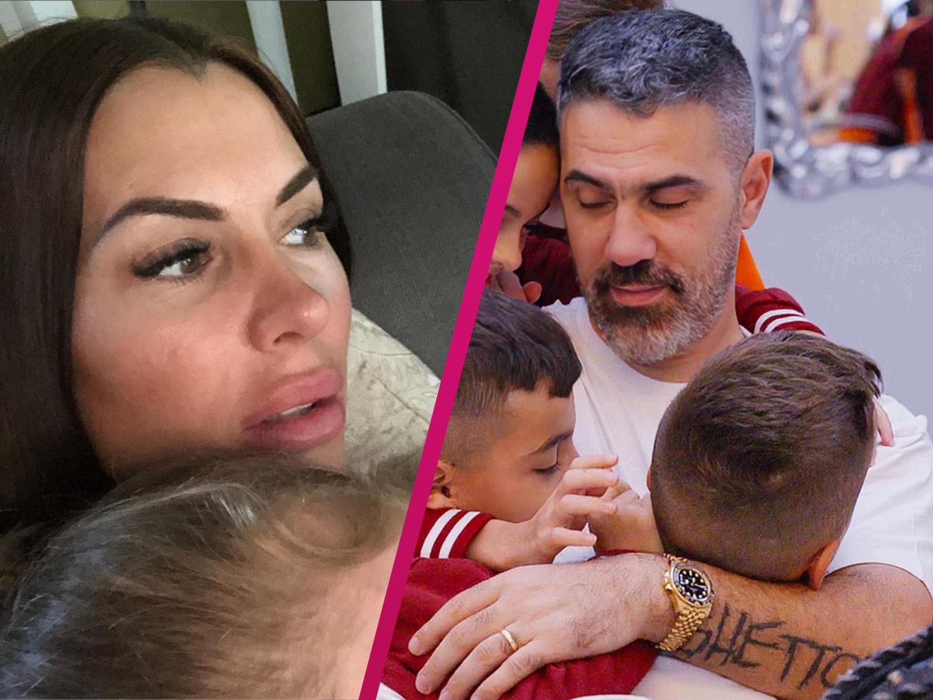 Anna-Maria Ferchichi liegt traurig mit Kind im Arm da, Bushido wird von seinen Kindern tröstend umarmt
