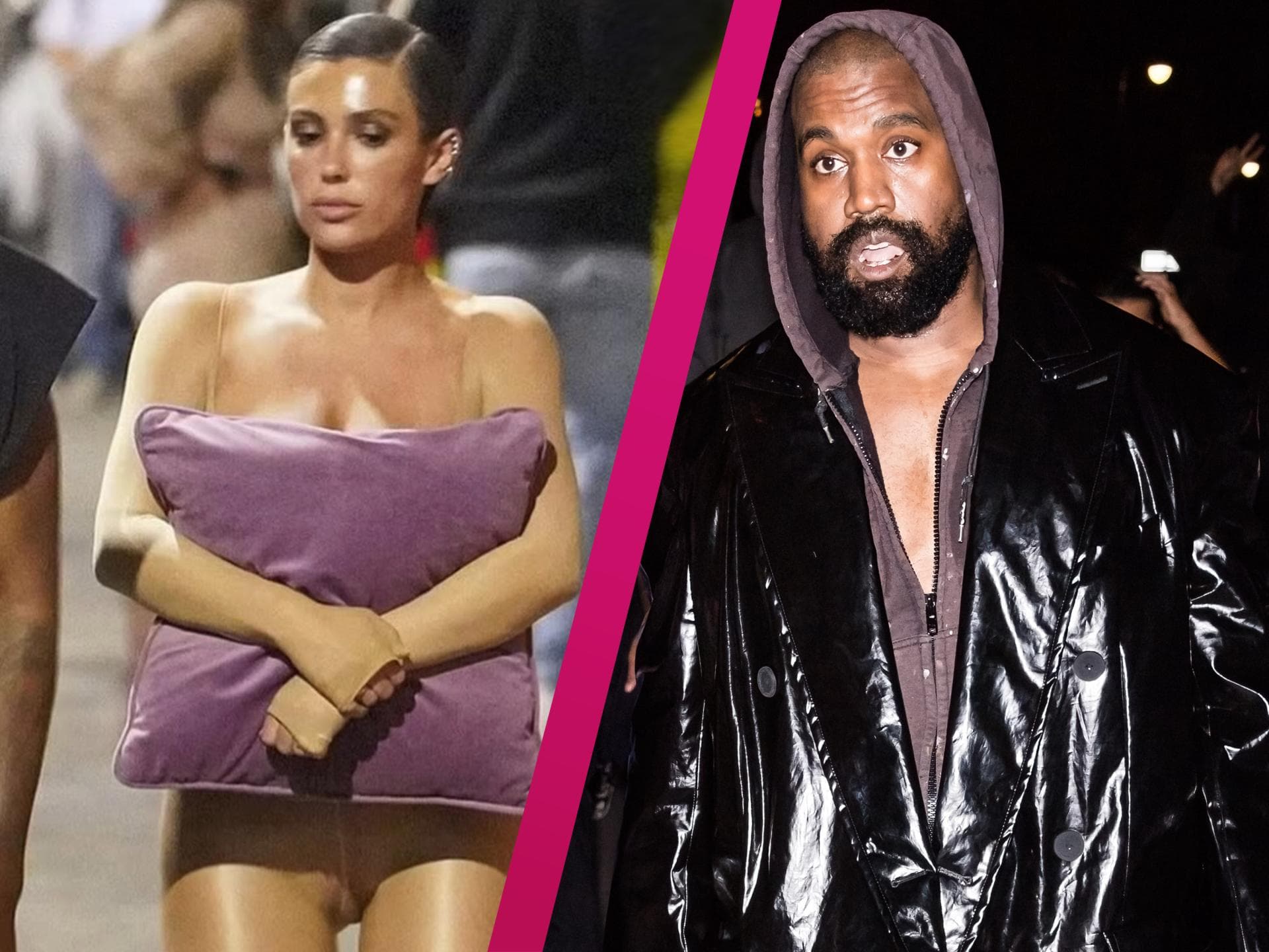 Bianca Censori läuft halbnackt mit einem Kissen durch die Gegend, Kanye West sieht aufbrausend aus