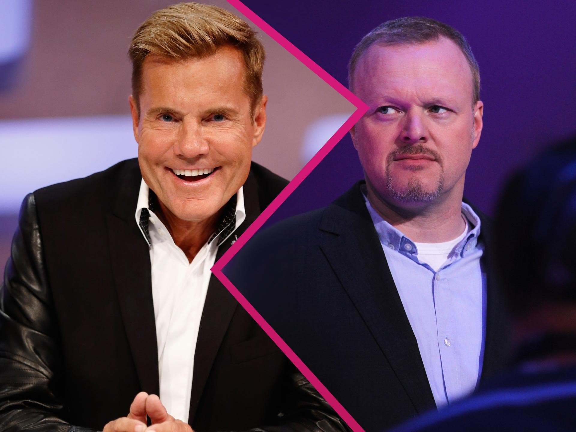 Dieter Bohlen lacht hämisch, Stefan Raab guckt ernst zur Seite