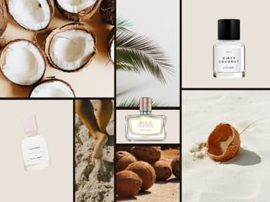 Eine Collage mit Bilder von Kokosnüssen, Füßen im Sand, Palmenblättern und verschiedenen Kokos Parfums.