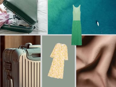 Collage mit verschiedenen Kleidern und Koffern.