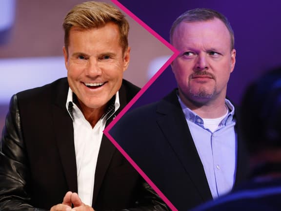 Dieter Bohlen lacht hämisch, Stefan Raab guckt ernst zur Seite